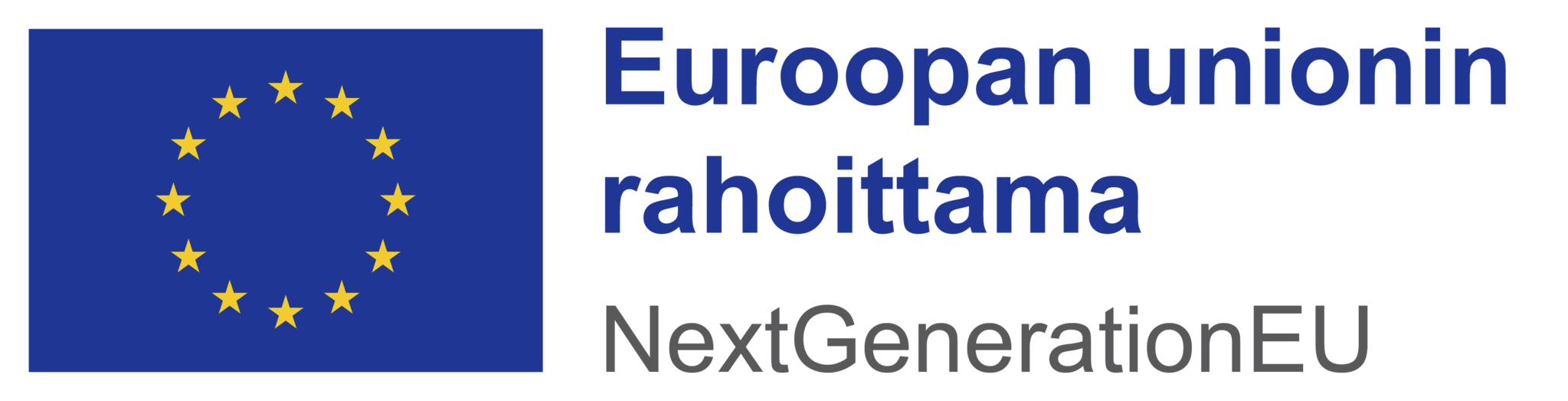 Vasemmassa reunassa Euroopan unionin lippu, jossa sinisellä pohjalla ringissä 12 keltaista tähteä, ja oikealla lipun vieressä teksti Euroopan unionin rahoittama – NextGenerationEU.